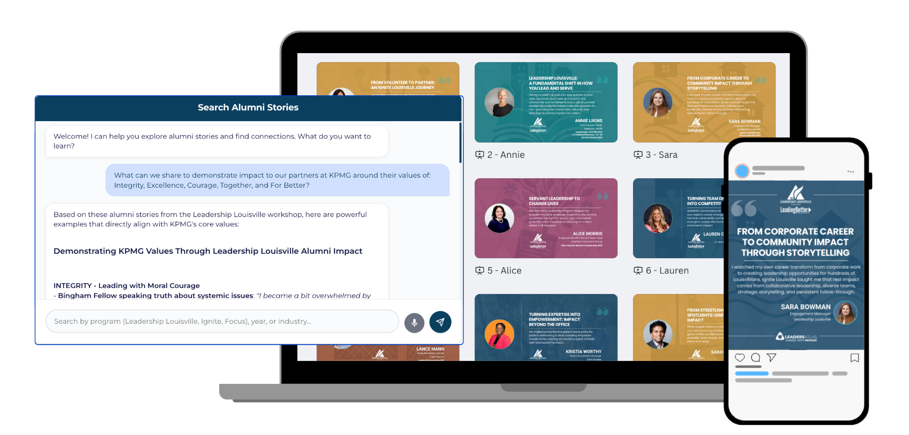 Searchable alumni-stories showcase with quote cards